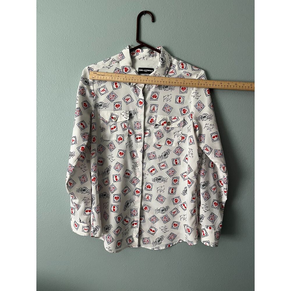 Karl Lagerfeld Paris Blouse / Women US M Medium / Button Up White Paris Stamp - Picture 9 of 11